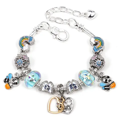 DIY Little Bee Heart Beaded Charm Bracelet For Kids Girls Silver Tone Snake Chain Rainbow Blue Glass Beads Jewelry Gift