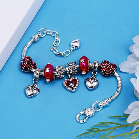 Mode Legering Hart Hanger Bedelarmband Rode Emaille Roos Kralen Zilveren Slangenketting Valentijnsdag Sieraden Cadeau Voor Vrouwen
