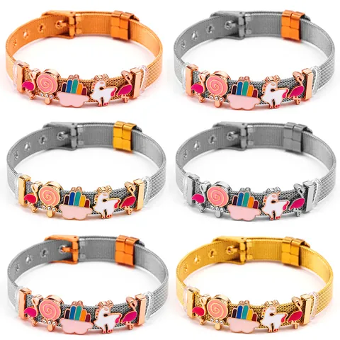Cartoon Mesh Bracelet Stainless Steel Wire Charm Bracelet With Flamingo Unicorn Rainbow Cake Charms For Women Girls Jewelry
