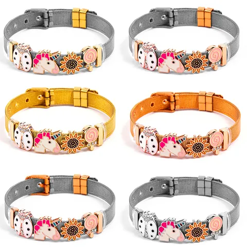 Edelstahl Mesh Armband Mit Emaille Cartoon Einhorn Marienkäfer Sonnenblume Lutscher Anhänger Verstellbarer Schmuck Für Damen