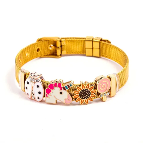 Edelstahl Mesh Armband Mit Emaille Cartoon Einhorn Marienkäfer Sonnenblume Lutscher Anhänger Verstellbarer Schmuck Für Damen