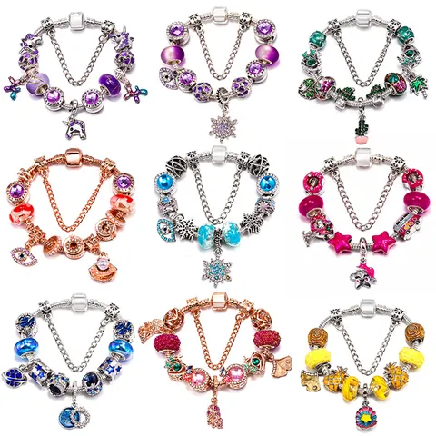 Alloy DIY Charm Bracelet For Women Multicolor Glass Beads Crystal Pendants Snake Chain Forever Love Heart Jewelry Gift