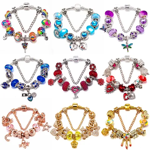 Fashion DIY Charm Bracelet For Women Alloy Enamel Lampwork Glass Beads Heart Crown Star Moon Pendant Snake Chain Bracelet Valentine's Day Jewelry Gift