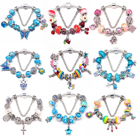 Women Sweet Charm Bracelet Multicolor Glass Beads Enamel Animal Travel Heart Dangle Beaded Snake Chain Bracelet Jewelry Gift