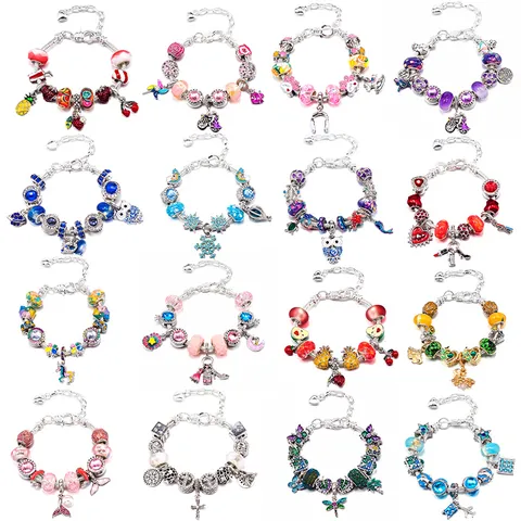 DIY Beaded Charm Bracelet For Women Silver Plated Alloy Snake Chain Heart Animal Flower Pendants Fashion Jewelry Gift