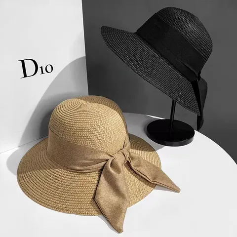 Women Summer Wide Brim Straw Sun Hat With Ribbon Bow Elegant Woven Beach Paper Straw Hat For Vacation Travel Lady Cap