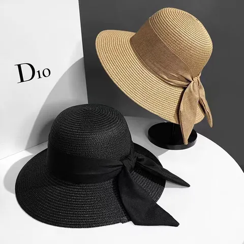 Women Summer Wide Brim Straw Sun Hat With Ribbon Bow Elegant Woven Beach Paper Straw Hat For Vacation Travel Lady Cap