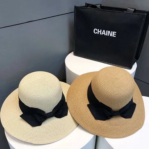 Women's Wide Brim Straw Sun Hat With Bowknot Satin Ribbon Elegant Beach Vacation UV Protection Summer Straw Hat For Ladies