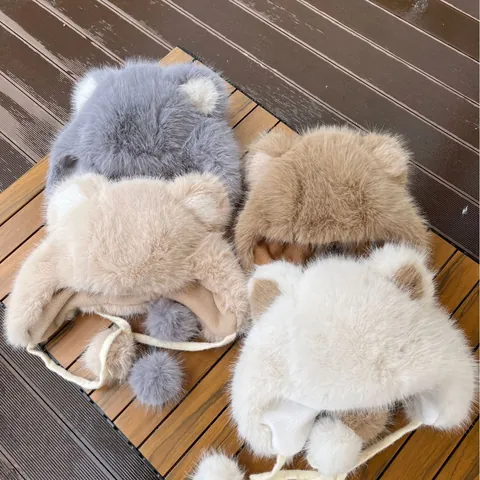 Cappello Trapper in Ecopelliccia Con Orecchie da Orso per Donna Inverno Caldo Berretto in Peluche Con Pom Pom Tinta Unita Protezione dal Freddo