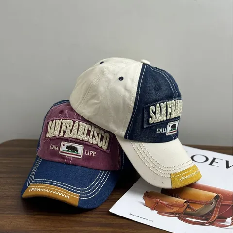 Gorra de Béisbol con Bordado de San Francisco Retro Americano para Hombre Mujer de Algodón Denim Patchwork Sombrero Ajustable