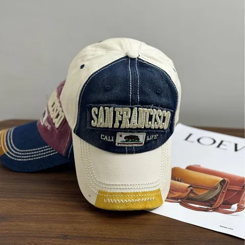 Gorra de Béisbol con Bordado de San Francisco Retro Americano para Hombre Mujer de Algodón Denim Patchwork Sombrero Ajustable
