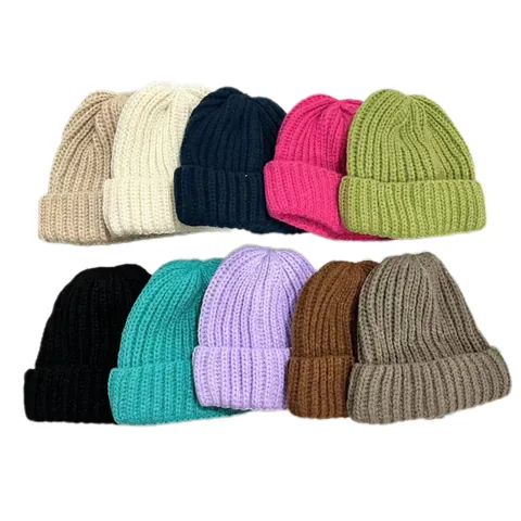 Women Winter Warm Ribbed Knit Beanie Hat Thickened Rabbit Fur Blend Cuffed Daily Outdoor Soft Solid Color Casual Skull Cap