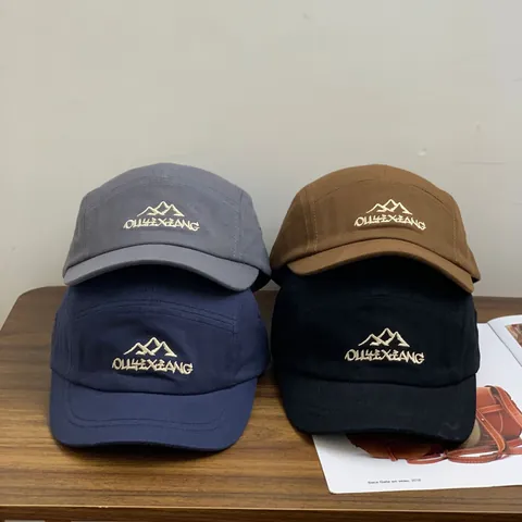 Retro Five Panel Baseball Cap Cotton Canvas Short Brim Camp Hat With Mountain Embroidery Outdoor Streetwear Unisex
