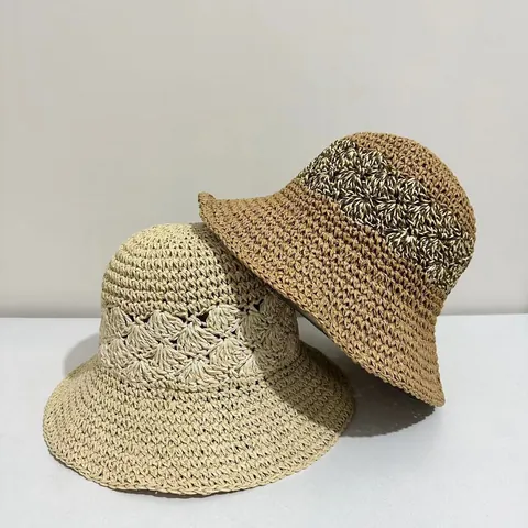 Cappello da Pescatore in Paglia di Carta Intrecciato a Mano da Donna Con Decorazione Floreale Traforata Falda Larga Traspirante Parasole per Vacanze al Mare