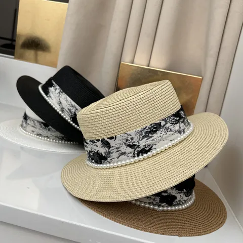 French Vintage Flat Top Straw Boater Hat For Women Elegant Woven Sun Hat With Artificial Pearl Decoration And Printed Ribbon