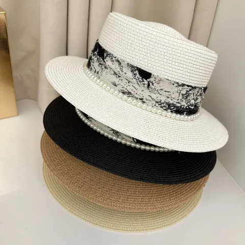 French Vintage Flat Top Straw Boater Hat For Women Elegant Woven Sun Hat With Artificial Pearl Decoration And Printed Ribbon
