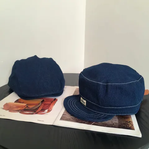 Vintage Denim Flacher Kopf Patrouillenkappe Und Newsboy Mütze Für Herren Damen Baumwollstoff Gestreift Kontrastnähte Sonnenschutz Retro Verstellbarer Modischer Hut