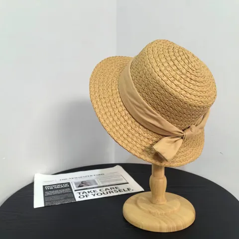 French Vintage Women Straw Boater Hat Wide Brim Sun Protection Beach Travel Summer Sun Hat With Ribbon Bow Decoration