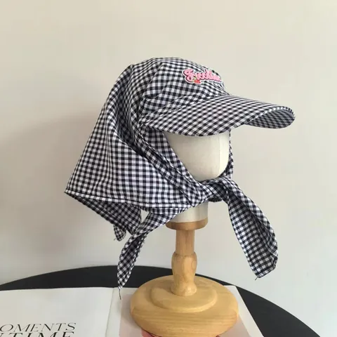 Women Cotton Gingham Sun Hat With Neck Guard Scarf Letter Embroidery Korean Style Outdoor Adjustable Baseball Cap