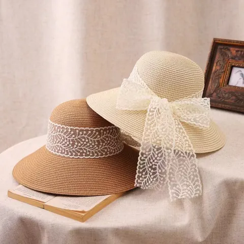 Women Elegant Wide Brim Straw Sun Hat French Pastoral Style With Large Lace Bow Breathable Summer Beach Vacation Hat