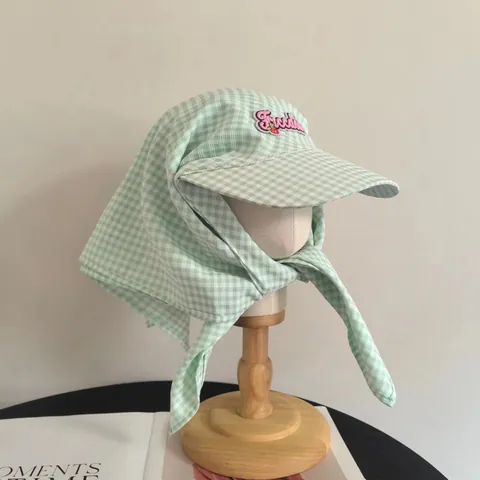 Women Cotton Gingham Sun Hat With Neck Guard Scarf Letter Embroidery Korean Style Outdoor Adjustable Baseball Cap
