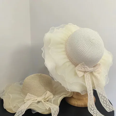 Women's French Elegant Straw Sun Hat With Large Organza Wave Brim Lace Bowknot Ribbon Vacation Beach Summer Wide Brim Hat