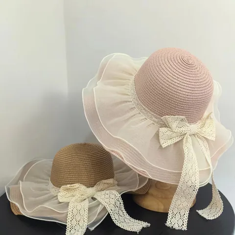 Women's French Elegant Straw Sun Hat With Large Organza Wave Brim Lace Bowknot Ribbon Vacation Beach Summer Wide Brim Hat