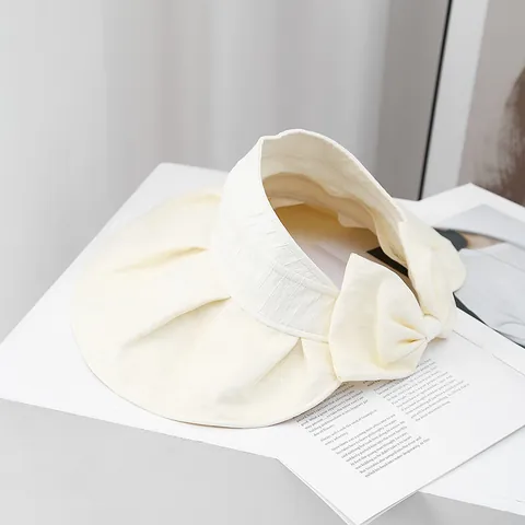 Women Wide Brim Sun Hat With Elegant Bow Knot Minimalist Texture Fabric Open Top Visor For Summer Beach UV Protection