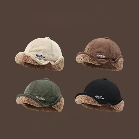 Unisex Winter Warm Ear Protection Hat Corduroy Peaked Cap With Lamb Wool Lining Never Give Up Embroidery Aviator Hat