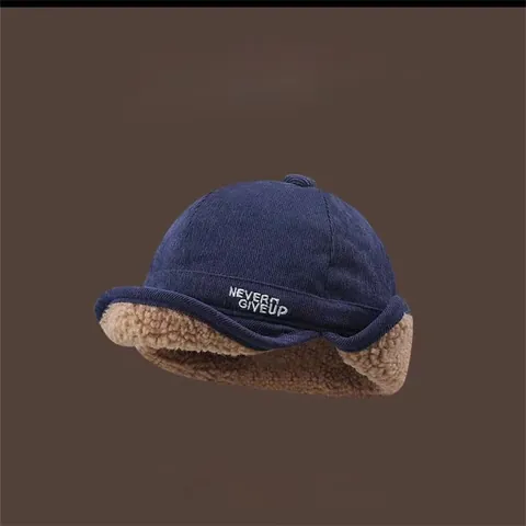 Unisex Winter Warm Ear Protection Hat Corduroy Peaked Cap With Lamb Wool Lining Never Give Up Embroidery Aviator Hat