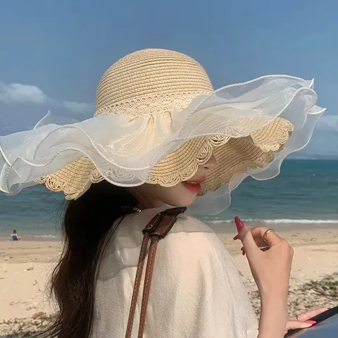 Damen Strohhut Mit Großer Krempe Und Weißen Organza Rüschen Eleganter Sonnenschutz Strandurlaub Faltbarer Sonnenhut