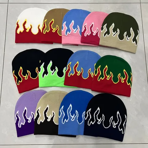 Berretto in Maglia a Fiamma per Uomo Donna Streetwear Hip Hop Jacquard Berretto Invernale Calda Lana Berretto da Sci All'aperto