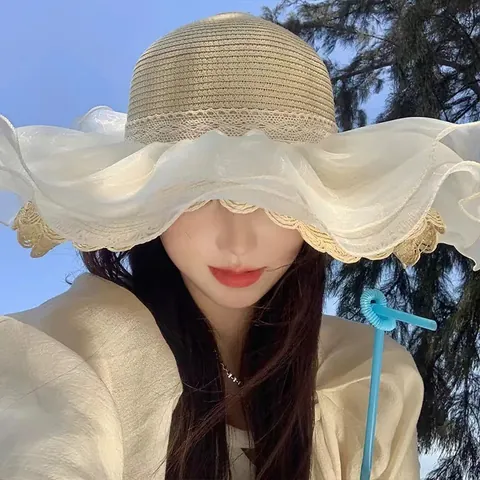 Damen Strohhut Mit Großer Krempe Und Weißen Organza Rüschen Eleganter Sonnenschutz Strandurlaub Faltbarer Sonnenhut