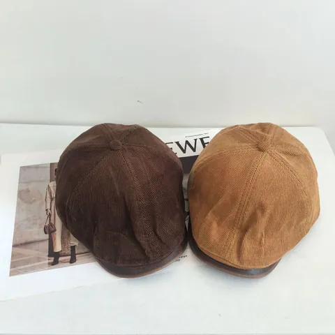 Retro Corduroy Newsboy Cap Voor Vrouwen Herfst Winter Warme Effen Kleur Platte Pet Met Lederen Trim Japanse Hoed