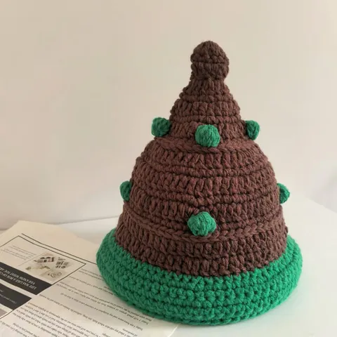 Handmade Wool Crochet Christmas Tree Beanie Hat For Women Cute Warm Knitted Cone Hat With Pompoms Winter Party Accessory