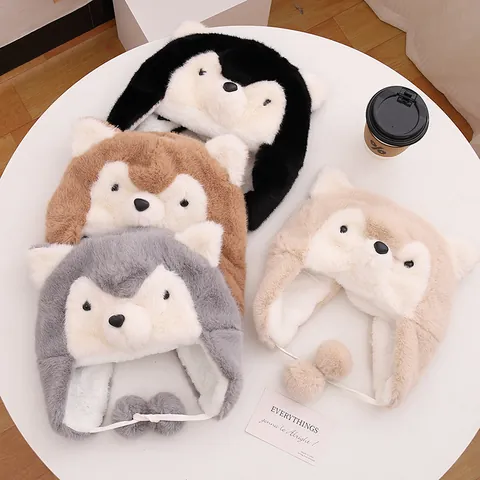 Cappello per la Protezione delle Orecchie in Peluche di Husky del Fumetto per le Donne Bambini Inverno Caldo Colbacco con Pom Pon