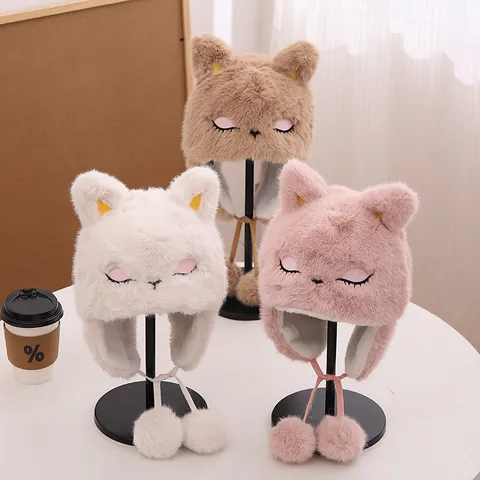 Cute Cartoon Fox Plush Earflap Hat For Women Kids Winter Warm Faux Fur Trapper Hat With Pom Poms Outdoor Cold Weather Cap