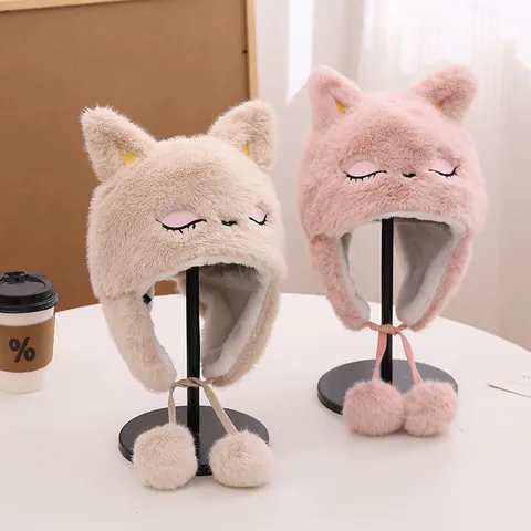 Cute Cartoon Fox Plush Earflap Hat For Women Kids Winter Warm Faux Fur Trapper Hat With Pom Poms Outdoor Cold Weather Cap