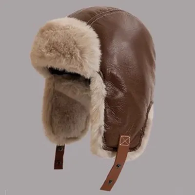 Chapeau de Trappeur en Cuir PU Pilote Vintage Avec Doublure en Fausse Fourrure pour Hommes Femmes Hiver Chaud Coupe-vent Protection Oreilles