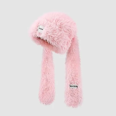 Cute Plush Ear Protection Hat Winter Warm Faux Fur Hooded Scarf Cap Sweet Kawaii Windproof Outdoor Beanie For Women