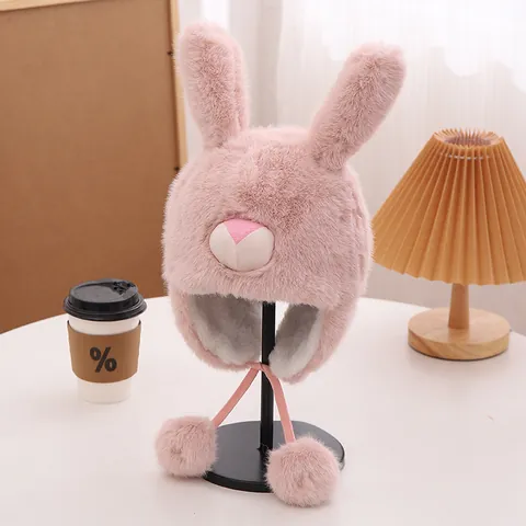 Kids Winter Plush Rabbit Ear Earflap Hat Cute Cartoon Faux Fur Warm Windproof Trapper Hat For Boys Girls Toddlers