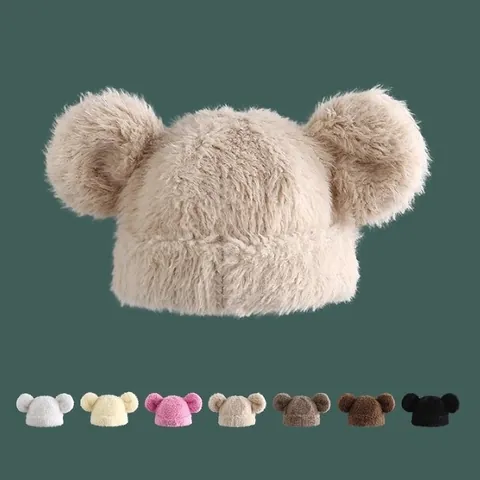 Women Cute Plush Bear Ear Winter Beanie Hat Faux Fur Warm Windproof Fleece Cold Cap For Outdoor Daily Casual Fashion Beanie