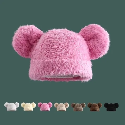 Women Cute Plush Bear Ear Winter Beanie Hat Faux Fur Warm Windproof Fleece Cold Cap For Outdoor Daily Casual Fashion Beanie