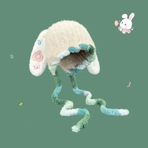 Kawaii Plush Bunny Ear Hat For Women Autumn Winter Warm Ear Protection Cap With Long Straps Cartoon Faux Fur Trapper Hat