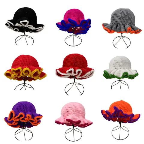 Dames Gehaakte Gebreide Vissershoed Golvende Roesjes Rand Contrastkleur Opvouwbaar Winter Warm Gebreide Muts