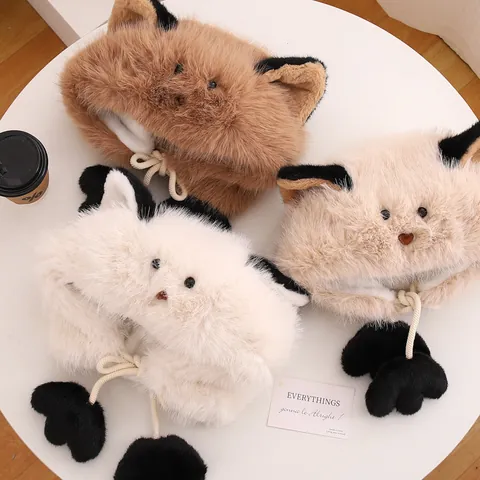 Women Cute Cartoon Cat Ear Plush Trapper Hat Thickened Warm Ear Protection Winter Cap With Paw Pendants Faux Fur Hat