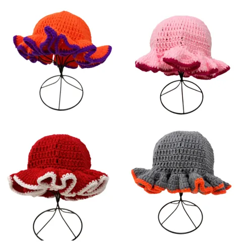 Dames Gehaakte Gebreide Vissershoed Golvende Roesjes Rand Contrastkleur Opvouwbaar Winter Warm Gebreide Muts