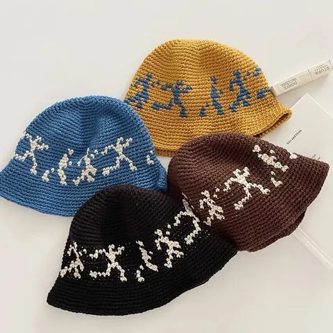 Sombrero de Pescador de Punto Retro para Mujer Sombrero de Ganchillo Cálido Con Patrón de Figura de Palo Invierno Lana Uso Diario