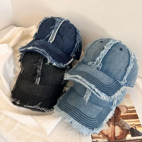 Berretto da Baseball in Denim Distressed Vintage Bordo Sfilacciato Cotone Lavato Regolabile Cappello da Sole Unisex
