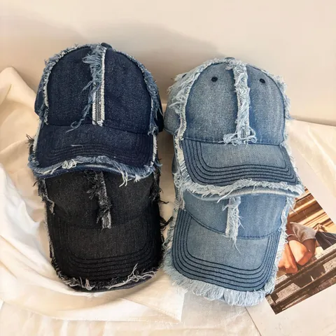 Berretto da Baseball in Denim Distressed Vintage Bordo Sfilacciato Cotone Lavato Regolabile Cappello da Sole Unisex